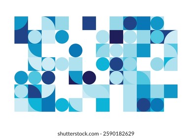 A modern Bauhaus-style background featuring geometric circles and squares in shades of blue. This abstract composition blends simplicity with structure, creating a visually engaging design.