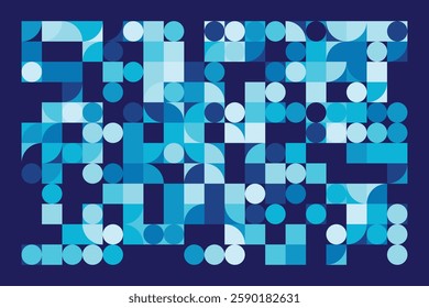 A modern Bauhaus-style background featuring geometric circles and squares in shades of blue. This abstract composition blends simplicity with structure, creating a visually engaging design.