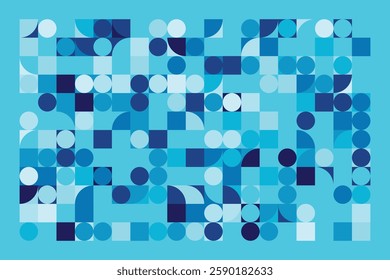 A modern Bauhaus-style background featuring geometric circles and squares in shades of blue. This abstract composition blends simplicity with structure, creating a visually engaging design.