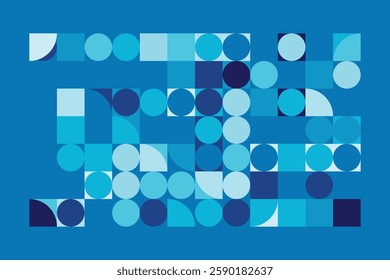 A modern Bauhaus-style background featuring geometric circles and squares in shades of blue. This abstract composition blends simplicity with structure, creating a visually engaging design.