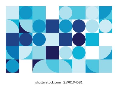 A modern Bauhaus-style background featuring geometric circles and squares in shades of blue. This abstract composition blends simplicity with structure, creating a visually engaging design.