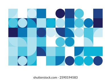 A modern Bauhaus-style background featuring geometric circles and squares in shades of blue. This abstract composition blends simplicity with structure, creating a visually engaging design.