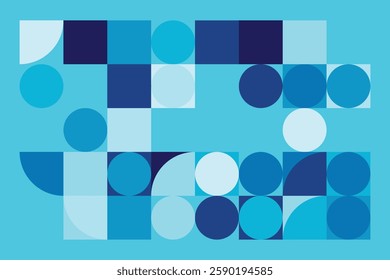 A modern Bauhaus-style background featuring geometric circles and squares in shades of blue. This abstract composition blends simplicity with structure, creating a visually engaging design.