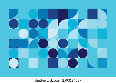 A modern Bauhaus-style background featuring geometric circles and squares in shades of blue. This abstract composition blends simplicity with structure, creating a visually engaging design.