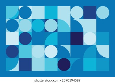 A modern Bauhaus-style background featuring geometric circles and squares in shades of blue. This abstract composition blends simplicity with structure, creating a visually engaging design.