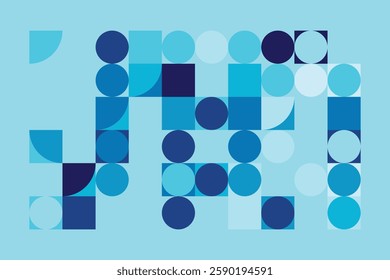 A modern Bauhaus-style background featuring geometric circles and squares in shades of blue. This abstract composition blends simplicity with structure, creating a visually engaging design.