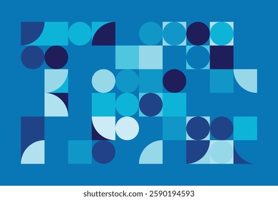 A modern Bauhaus-style background featuring geometric circles and squares in shades of blue. This abstract composition blends simplicity with structure, creating a visually engaging design.