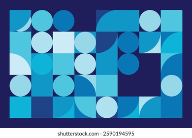 A modern Bauhaus-style background featuring geometric circles and squares in shades of blue. This abstract composition blends simplicity with structure, creating a visually engaging design.