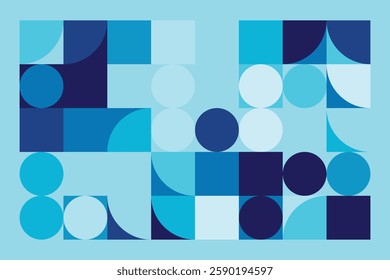 A modern Bauhaus-style background featuring geometric circles and squares in shades of blue. This abstract composition blends simplicity with structure, creating a visually engaging design.