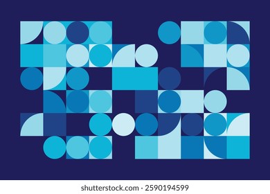 A modern Bauhaus-style background featuring geometric circles and squares in shades of blue. This abstract composition blends simplicity with structure, creating a visually engaging design.