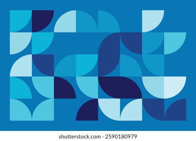 A modern Bauhaus-style geometric background in shades of blue. Abstract, dynamic, and well-balanced design, offering an artistic and aesthetic appeal.