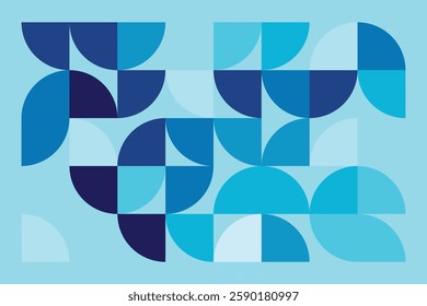 A modern Bauhaus-style geometric background in shades of blue. Abstract, dynamic, and well-balanced design, offering an artistic and aesthetic appeal.