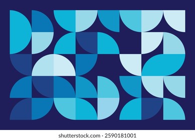 A modern Bauhaus-style geometric background in shades of blue. Abstract, dynamic, and well-balanced design, offering an artistic and aesthetic appeal.