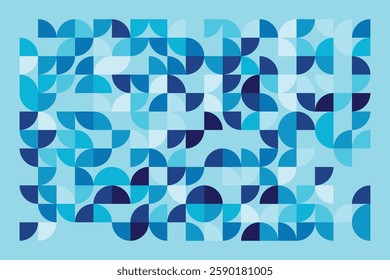 A modern Bauhaus-style geometric background in shades of blue. Abstract, dynamic, and well-balanced design, offering an artistic and aesthetic appeal.