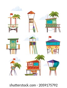 Modern beach buildings. Beach lifeguard towers on the seaside security station garish vector flat pictures set isolated