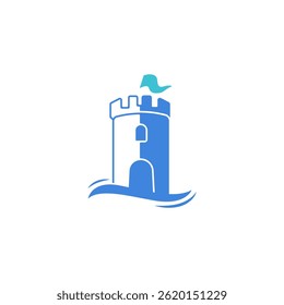 Modern beach castle logo featuring a black fortress tower with ocean wave elements