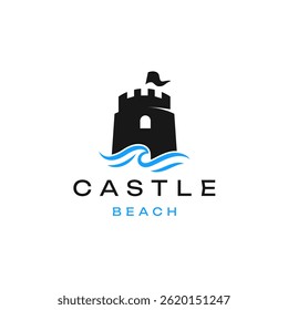 Modern beach castle logo featuring a black fortress tower with ocean wave elements