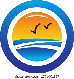 Modern beach sunset logo featuring a glowing sun, ocean waves, and flying birds inside a circular frame, symbolizing travel, relaxation, and tropical lifestyle.