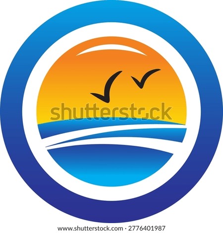 Modern beach sunset logo featuring a glowing sun, ocean waves, and flying birds inside a circular frame, symbolizing travel, relaxation, and tropical lifestyle.