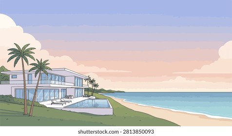 A modern beachfront house with palm trees.