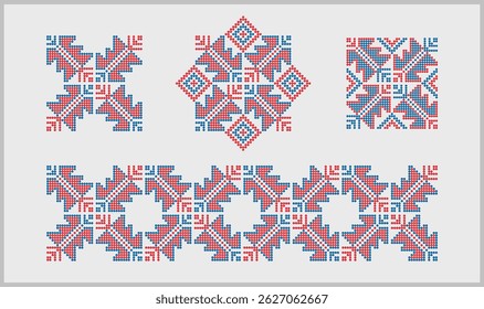 Padrões modernos frisados do bordado tradicional vyshyvanka da Ucrânia, ornamentos definidos em azul e vermelho