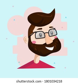 Modern bearded hipster character wearing glasses and smiling flat illustration. Pastel palette, soft blue and pinkbackground.