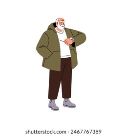 Modern bearded senior watches on wristwatch, hand clock. Stylish bald old man wearing winter outerwear, warm clothes. Aged gray person in jacket. Flat isolated vector illustration on white background