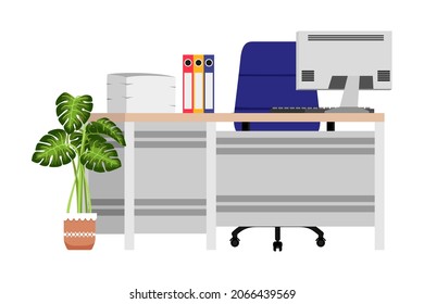Modern beautiful desk for home office freelancer with table chair and with drawer pc computer and house plants with some paper pile files and folders