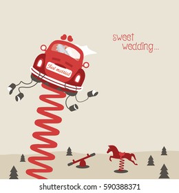 modern & beautiful flat design greeting card & wedding invitation with playground background & rocking car for kids. Bride and groom and sign just married driving in to the sky and text sweet wedding