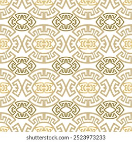 Modern beautiful greek key meanders seamless pattern with golden shapes, mandalas. Vector ornamental rich background. Elegant trendy geometric greece ornaments. Endless patterned texture. For fabric.