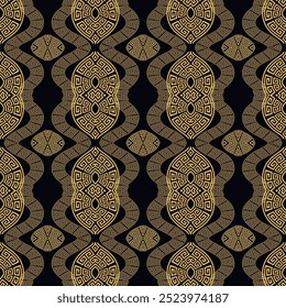 Modern beautiful greek key meanders seamless pattern with golden waves and mandalas. Vector ornamental rich background. Elegant trendy geometric greece ornaments. Endless patterned texture. For fabric