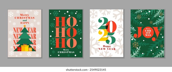 Modern beautiful Merry Christmas and Happy New Year 2025 greeting cards set. Vector holiday design with branches Christmas tree and snowflakes for flyers, posters or invitations background