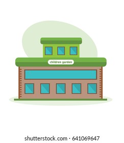 Modern beautiful multi-storey building of the children garten, the appearance of the room, the structure and architecture. City building. Modern vector illustration isolated on white background.