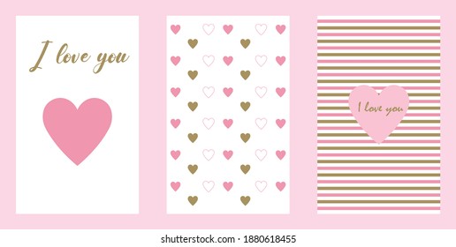 Modern beautiful patterns set with hearts, lovely cards, art, Valentine's day, nice love collection, design for decoration, wrapping paper, print, fabric or textile, vector illustration, flat design