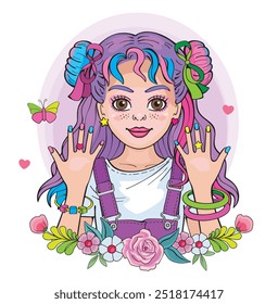 Moderna hermosa princesa o supermodelo. Linda chica con peinado de moda y coletas. Ilustración aislada para imprimir o pegatina. Retrato, corona floral y arco iris sobre fondo blanco. Vector