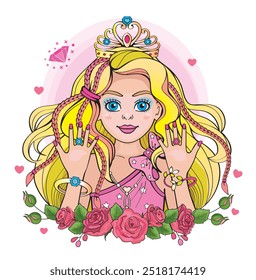 Moderna hermosa princesa o supermodelo. Linda chica con peinado de moda y coletas. Ilustración aislada para imprimir o pegatina. Retrato, corona floral y arco iris sobre fondo blanco. Vector