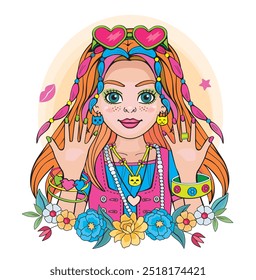 Moderna hermosa princesa o supermodelo. Linda chica con peinado de moda y coletas. Ilustración aislada para imprimir o pegatina. Retrato, corona floral y arco iris sobre fondo blanco. Vector