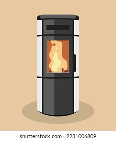 Modern and beautiful stove, pellet or wood, front view for illustration, flat design, vector