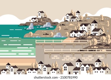 diseño moderno y hermoso de paisajes vectoriales con ilustración hogar, árbol, río
