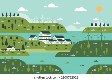 modern beautiful vector landscapes design with illustration home, tree, river