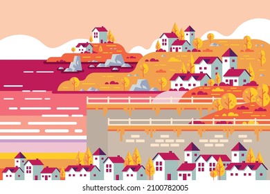 modern beautiful vector landscapes design with illustration home, tree, river