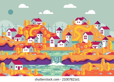 modern beautiful vector landscapes design with illustration home, tree, river
