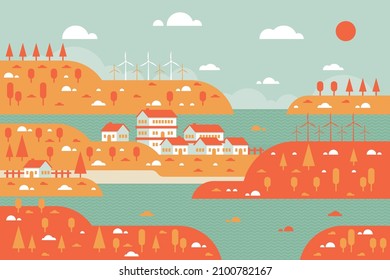 diseño moderno y hermoso de paisajes vectoriales con ilustración hogar, árbol, río
