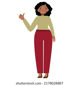 Modern beautiful young dark skin businesswoman is showing thumbs up. Smiley black girl in casual clothes makes a greeting gesture. Flat vector cartoon illustration isolated on white background. Vector