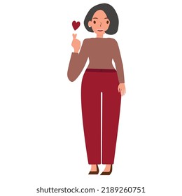 Modern beautiful young white skin woman is show Mini heart, Korean love hand finger symbol. Smiling woman positive doing love sign with hand and fingers. Romantic expression