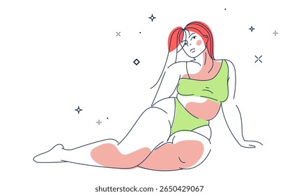 Modern Beauty Body Positivity Concept Art. Minimalist line art of a confident plus size woman in green swimwear, promoting self love, body positivity, and feminine empowerment. Vector illustration