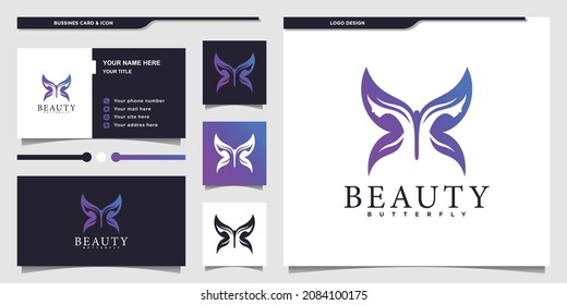 Modern beauty butterfly logo design with cool gradient colour concept and businnes card Premium vektor