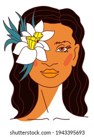 Modern Beauty girl with long wavy black hair stylized face with flowers. Line style Vector illustration