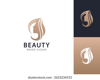 Logotipo de beleza moderna com perfil feminino e design de cabelo elegante