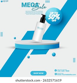 Modern Beauty Product Display for Social Media Promotion. Minimal Skincare Product Ad with 50% Off Offer. Beauty Brand Sale Banner design with an empty podium. Beauty Sale Flyer. Social media poster